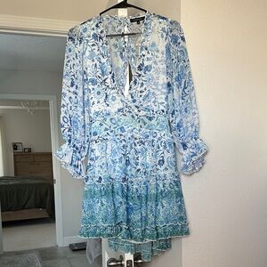 Olivaceous Blue and Green Floral Mini Dress